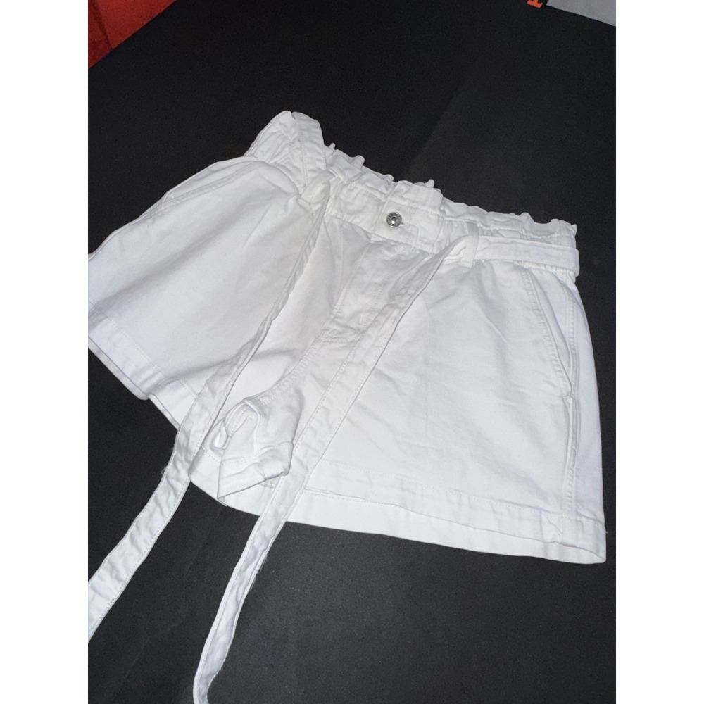 American Eagle White Paperbag Waist Denim Shorts Womens 10 Stretch Tie Belt